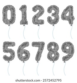 Silver numbers 0-9. Balloons for party, birthday or anniversary. Vector cartoon numbers set isolated on a white background.