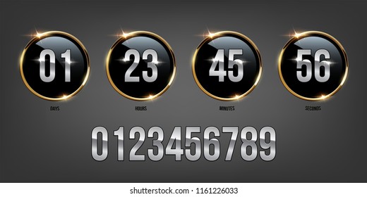 Silver numbers inside golden rings on dark background. Vector luxury counter.