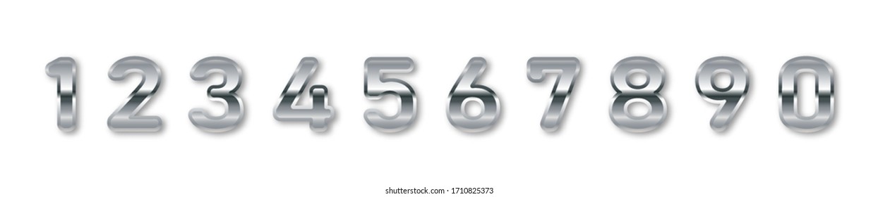 Silver numbers set. Silver metallic font, isolated on white background. Typography design for decoration. Vector illustration