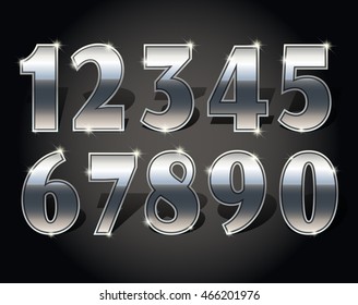 Silver numbers set on dark background isolated. Silver number one two three four five six seven eight nine and zero or null. Vector illustration stock vector.