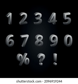 Silver numbers and symbols 3D illustrations set. From zero to nine, percent symbols. Shopping sale, discount offer decorative design elements. Vector on black background.
