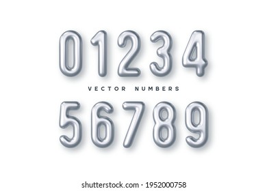 Silver numbers vector set. 3d realistic metal characters. Decorative elements for banner, cover, birthday or anniversary party.