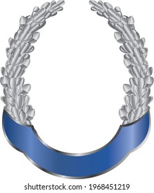 Silver oak wreath with acorns, framed by a blue ribbon, on a white background. Vector image. 