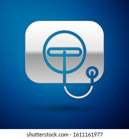 Silver Oil filler cap opening at the gas station icon isolated on blue background.  Vector Illustration