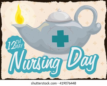 Silver oil lamp to commemorate Nursing Day in a retro postcard.