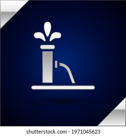 Silver Oil pump or pump jack icon isolated on dark blue background. Oil rig.  Vector Illustration