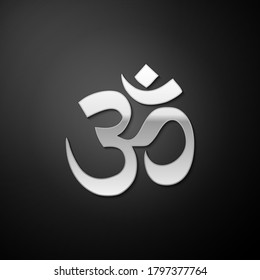 Silver Om or Aum.  Indian sacred sound icon isolated on black background. The symbol of the divine triad of Brahma, Vishnu and Shiva. Long shadow style. Vector.