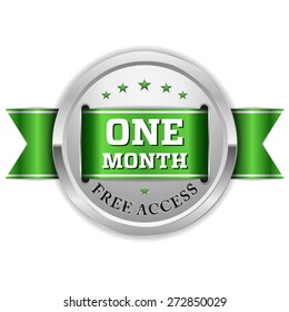 Silver one month free access badge with green ribbon