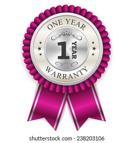 Silver one year warranty badge with purple ribbon on white background