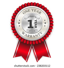 Silver one year warranty badge with red ribbon on white background