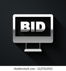 Silver Online Auction Icon Isolated On Black Background. Bid Sign. Auction Bidding. Sale And Buyers. Long Shadow Style. Vector