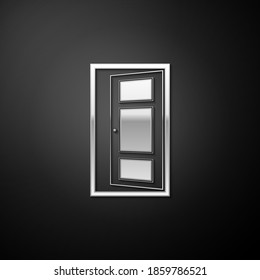Silver Open door icon isolated on black background. Long shadow style. Vector.