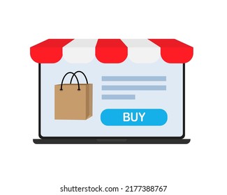 Portátil abierto plateado y pantalla para comprar. Concepto de compras en línea. Ilustración del vector