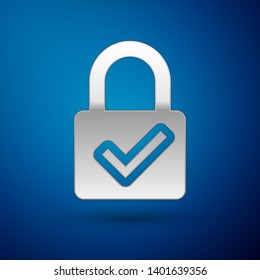 Silver Open padlock and check mark icon isolated on blue background. Cyber security concept. Digital data protection. Safety safety. Vector Illustration