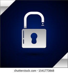 Silver Open padlock icon isolated on dark blue background. Opened lock sign. Cyber security concept. Digital data protection. Safety safety.  Vector Illustration