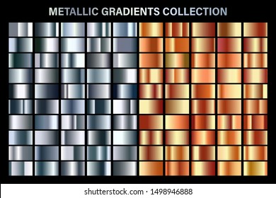 Silver and orange bronze glossy gradient, metal foil texture. Color swatch set. Collection of high quality vector gradients. Shiny metallic background. Design element.