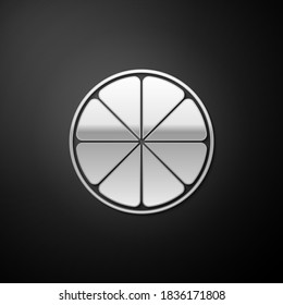 Naranja plateada en un corte. Icono de cítricos aislado en fondo negro. Estilo de vida saludable. Estilo de sombra larga. Vector.
