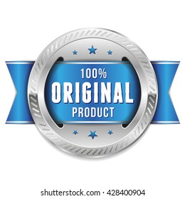 Silver original product badge with blue ribbon on white background