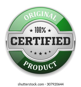 Silver original product badge with green border on white background