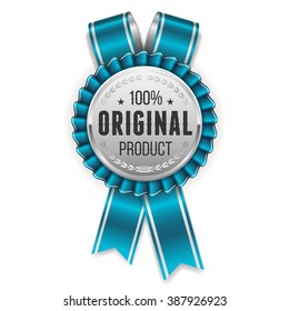 Silver original product rosette, badge with light blue ribbon on white background
