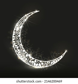 Silver Ornament Crescent Moon With Lights Effect On Black Background And Copy Space.