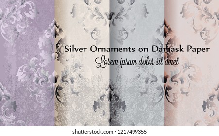 Vector de papel adamascado plateado. Texturas de decoración brillante de época