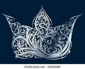 Silver ornated crown on dark blue background made by floral elements in vector.