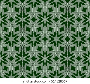 silver outline flower on sacred geometry seamless pattern on green background. vector illustration. for design invitation, wallpaper, fabric