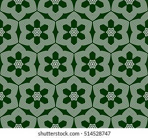 silver outline flower on sacred geometry seamless pattern on green background. vector illustration. for design invitation, wallpaper, fabric