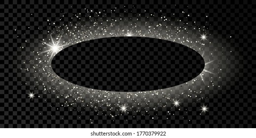 Silver oval frame with glitter, sparkles and flares on dark transparent  background. Empty luxury backdrop. Vector illustration.