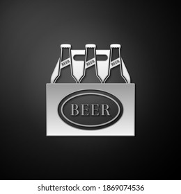Silver Pack of beer bottles icon isolated on black background. Case crate beer box sign. Long shadow style. Vector.