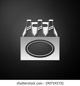 Silver Pack of beer bottles icon isolated on black background. Case crate beer box sign. Long shadow style. Vector.