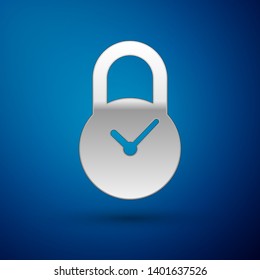 Silver Padlock with clock icon isolated on blue background. Time control concept. Lock and countdown, deadline, schedule, planning symbol. Vector Illustration