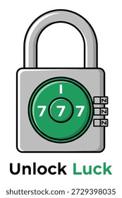 Silver padlock graphic featuring green combination dial with triple seven numbers and luck text on white background
