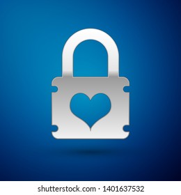 Silver Padlock with heart icon isolated on blue background. Locked Heart. Love symbol and keyhole sign. Vector Illustration