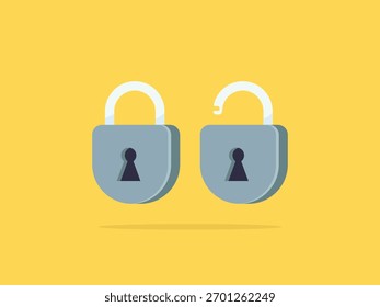 Conjunto de iconos de candado plateado, uno bloqueado y otro desbloqueado, sobre un fondo amarillo. Vector plano para seguridad y privacidad