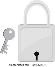 Silver padlock with key, illustration, vector on a white background.