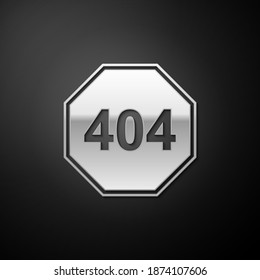 Silberseite mit einem 404-Fehlersymbol einzeln auf schwarzem Hintergrund. Die Vorlage meldet, dass die Seite nicht gefunden wird. Lange Schattenstil. Vektorgrafik.