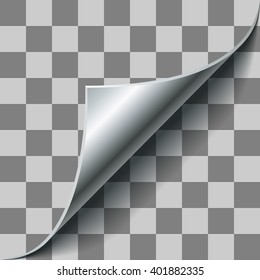 Silver Page Corner Curl On Checkered Background. EPS 10 Page Curl Template With Transparency.