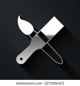 Silver Paint brush icon isolated on black background. Long shadow style. Vector