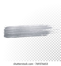 Silver paint brush stroke or abstract dab smear with silver glitter smudge texture on transparent background. Isolated glittering and sparkling silver paint or ink paintbrush splash stain