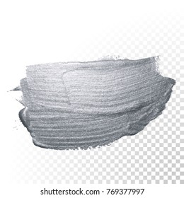 Pincel de pintura plateado o frotis de dab abstracto con textura de mancha de brillo plateado sobre fondo transparente. Pintura de plata brillante y brillante aislada o mancha salpicada de pincel de tinta