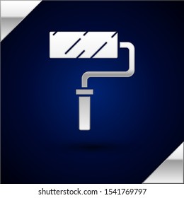 Silver Paint roller brush icon isolated on dark blue background.  Vector Illustration