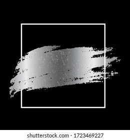 Silver paint smear stain with white frame. Vector metal brush stroke design element