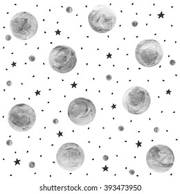 Silver paint texture. Silver spots with ink dots and stars hand drawn with brush. Seamless background. 