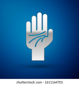 Silver Palmistry of the hand icon isolated on blue background.  Vector Illustration