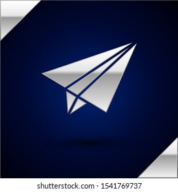 Silver Paper airplane icon isolated on dark blue background.  Vector Illustration