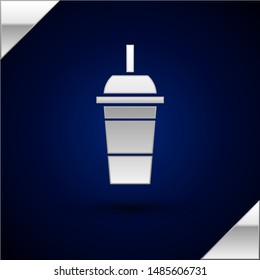 Silver Paper glass with drinking straw and water icon isolated on dark blue background. Soda drink glass. Fresh cold beverage symbol.  Vector Illustration