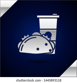 Silver Paper glass and taco with tortilla icon isolated on dark blue background. Soda aqua drink sign. Hamburger, burger, cheeseburger sandwich.  Vector Illustration