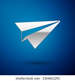 Silver Paper plane icon isolated on blue background. Paper airplane icon. Aircraft sign. Vector Illustration